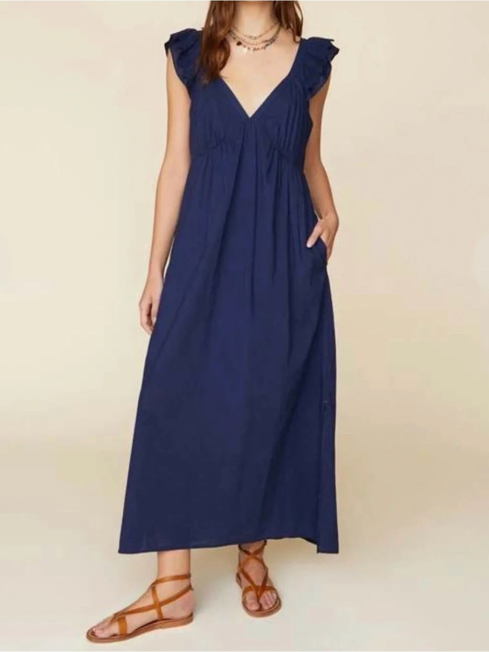Xirena Leyla Embroidered Flutter Strap Maxi Dress, Navy, XS